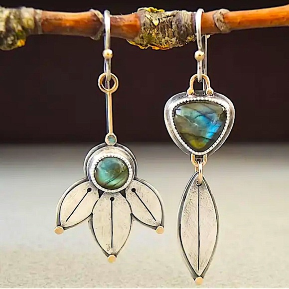 Bohemian Leaf Lotus Dangle Earrings Mix Match Geometric Stainless Steel Silver - Picture 1 of 3